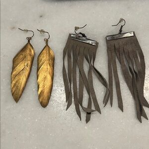 Gold Feather Earrings and Taupe suede Fringe Earrings